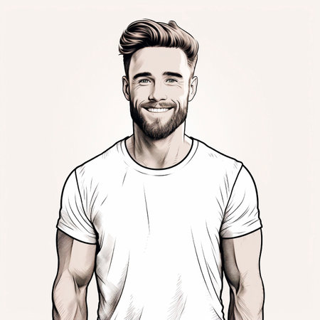 Handsome model in a white t-shirt. fashion sketch.AI GENERATIONの写真素材