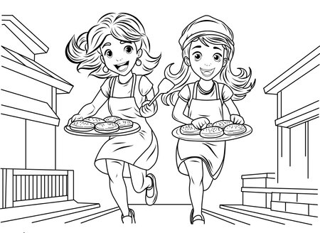 Coloring page Pancake day, Pancake race. Women run with plates of pancakes.のイラスト素材