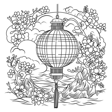 toro nagashi.Japanese lantern festival Coloring page. coloring page of lanterns for the remembrance of the dead.のイラスト素材