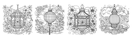 toro nagashi.set Japanese lantern festival Coloring page. coloring page of lanterns for the remembrance of the dead.のイラスト素材