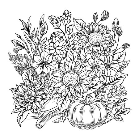 Coloring page with pumpkins and sunflowers. Autumn composition for coloring, black and white linear illustration.のイラスト素材
