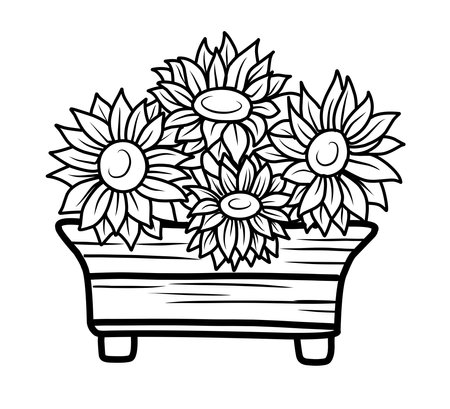 COLORING FOR CHILDREN. Composition with sunflowers in the BALCONY DRAWER, coloring autumn themeのイラスト素材
