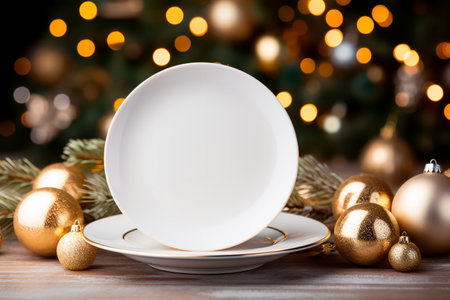 Mockup of a white plate on a table with Christmas balls and lights,AI generatedの素材