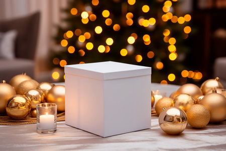 white blank box mockup on christmas background with lights,AI generatedの素材