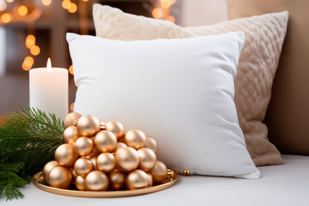 white pillow mockup on sofa with christmas balls,AI generatedの素材