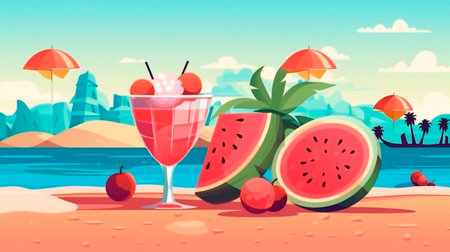 Summer landscape with watermelon and cool cocktail on the beach, flat style, AI generatedの素材