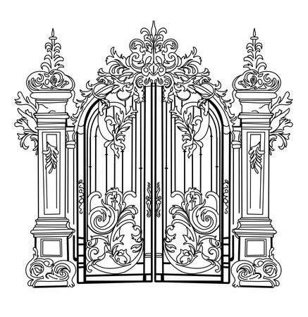 Sketch of forged metal gates. Artistic forging double-leaf garden doors made of iron.のイラスト素材