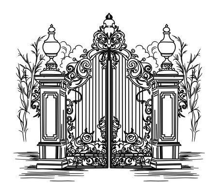 Sketch of forged metal gates. Artistic forging double-leaf garden doors made of iron.のイラスト素材