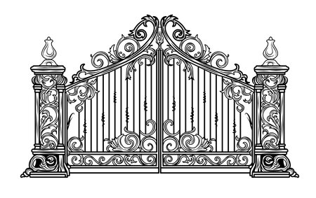 ANTIQUE METAL GATE. Black on white sketch of wrought iron bi-fold garden doors. Church gate with scrolls and leaves.のイラスト素材