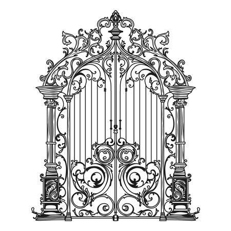 ANTIQUE METAL GATE. Black on white sketch of wrought iron bi-fold garden doors. Church gate with scrolls and leaves.のイラスト素材