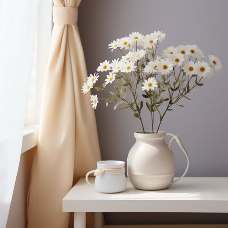 Cozy cute interior scene with flowers in a vase in soft beige colors.の素材