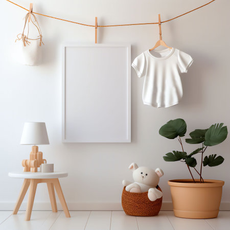 Mockup of a white blank poster in a frame in a children's interior.の素材