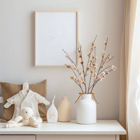 Mockup of a white blank poster in a frame in a children's interior.の素材