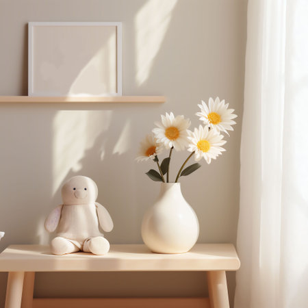 Cozy cute interior scene with flowers in a vase in soft beige colors.の素材