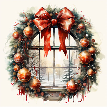 Christmas window decorated with snow, fir branches and Christmas balls.Created by AIの素材