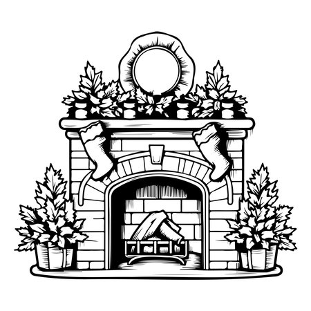 Christmas fireplace decorated with fir branches and stockings. Christmas coloring page.のイラスト素材