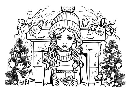 Girl in a winter hat near the fireplace with a gift. Christmas coloring bookのイラスト素材