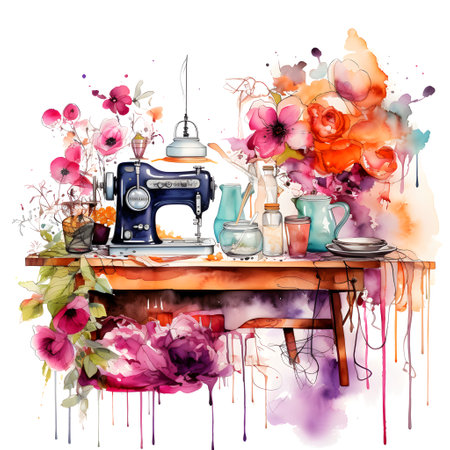 Watercolor illustration. Kitchen composition sewing machine with flowers, Sewing themeの素材