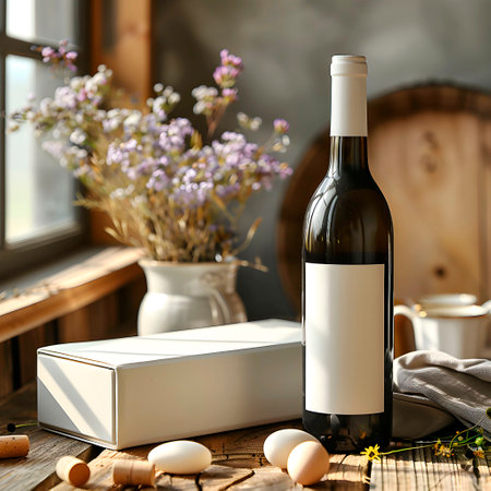 Wine bottle with blank label on wooden table in rustic kitchenの写真素材