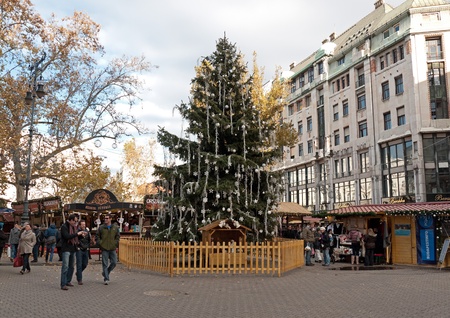 Budapest, Hungary - December 2011: Christmas tree at the traditional Christmas fair in the city centerのeditorial素材