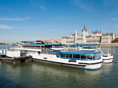 Budapest, tourist boats on the Danube with the Parliament buildingの写真素材