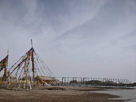 Prayer flags on the beach in Qinghai, China.の写真素材