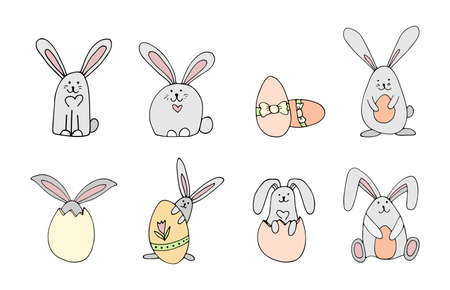 Set hand drawn easter rabbit with eggs. Color doodle vector illustrationのイラスト素材
