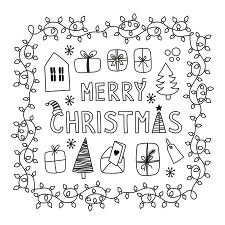 Merry Christmas clipart set with gifts, tree, letter, house in garland. Hand drawn vector doodlesのイラスト素材