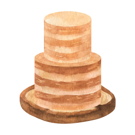 Classic layered cake on wood stand, wedding romantic clipartのイラスト素材