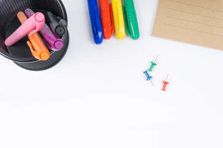 School and office supplies on white background. Top view.の写真素材