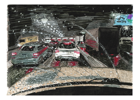 Traffic view from inside the car through the windshield in sleet nightのイラスト素材