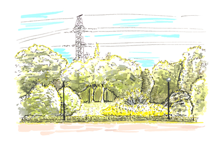 Sketch of green and yellow landscape of the city botanic gardenのイラスト素材
