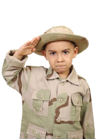 kid in camouflage uniform saluting, isolated on whiteの写真素材