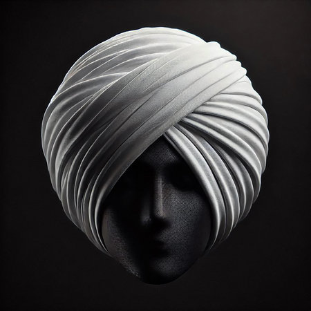 A white turban centered on black, captured with soft diffused lighting to highlight the fabric's folds and sharp focusの素材