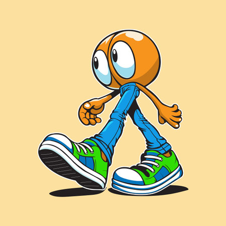 Colorful cartoon character with big expressive eyes and vibrant outfit walking energetically, ideal for creative projectsのイラスト素材