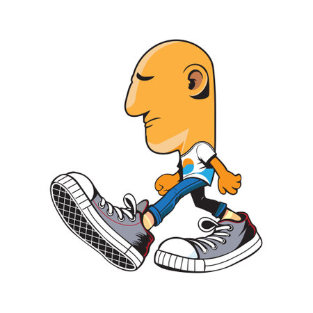 A fun and playful cartoon of a man with an oversized head and feet, walking in a casual outfit.&#xA;のイラスト素材
