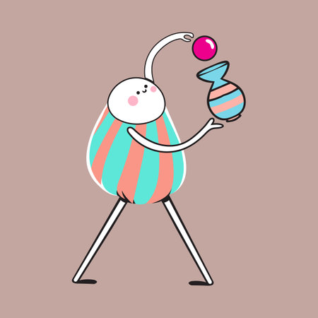 A cute cartoon character with striped pink and teal body, juggling a ball and vase in soft tones.&#xA;のイラスト素材