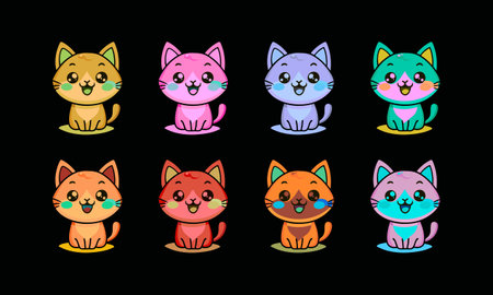 Explore a delightful assortment of charming kitten characters in vibrant colors. These whimsical feline faces feature expressive eyes that will capture the hearts of animal lovers.
のイラスト素材