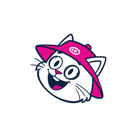 A happy cartoon cat with a white coat and rosy cheeks is wearing a pink cap, giving it a playful and cheerful look. The cat has large expressive eyes and a wide smile, creating an endearing and lively sceneのイラスト素材