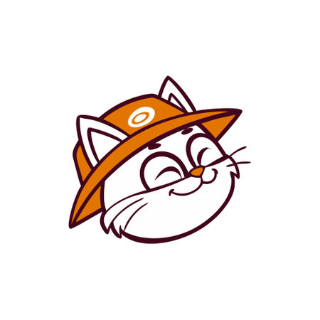 A cute cartoon cat with a white coat and orange accents is wearing an orange cap, giving it a playful and cheerful look. The cat has closed eyes, rosy cheeks, and a content expression, creating a warm and endearing scene.のイラスト素材