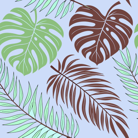 A lively and colorful tropical leaf pattern featuring monstera and palm leaves in bold shades of green, brown, and blue. Ideal for use in graphic design, branding, wallpaper, or as a vibrant decorative element.のイラスト素材