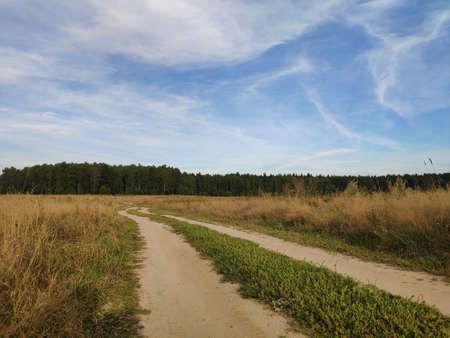 The road to the field and cloudsの写真素材