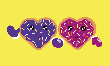 two donuts in the shape of a heart holding hands. two cartoon doughnuts holding hands in mittens in winterのイラスト素材