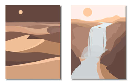 Abstract contemporary aesthetic backgrounds landscapes set with desert, sand dunes, mountains, moon, waterfall, rocks, river, sun. Earth tones, natural colors. Boho wall decor. Flat abstract design. Vector background.のイラスト素材