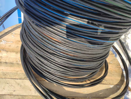 electric power cable of large cross-section wound on a cable drum. cable reel .wooden coil wire...