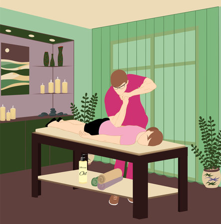 woman receiving full body massage at modern spa. Relaxed woman getting back massage with professional chiropractor. Relaxation concept. manual therapy, massage room interior. Vector illustrationのイラスト素材