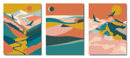 Abstract modern backgrounds landscapes set with mountains, river, eagles, desert, clouds. minimalist art. Vector illustration.のイラスト素材