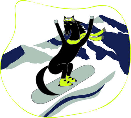 merry horse rides a snowboard. the horse is a snowboarder. Vector sketch, print design on t-shirt, cute tee print.のイラスト素材