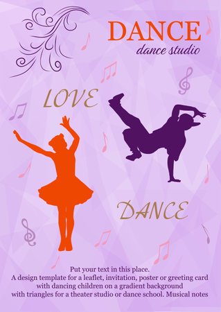 Design template for a flyer, invitation, poster or greeting card with a dancing children on a beautiful background with triangles for a theater studio or a dance school. Musical notesのイラスト素材