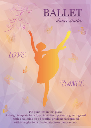 Design template for a flyer, invitation, poster or greeting card with a dancing ballerina on a gradient background with triangles for theater studio or dance school. Musical notes and butterfliesのイラスト素材